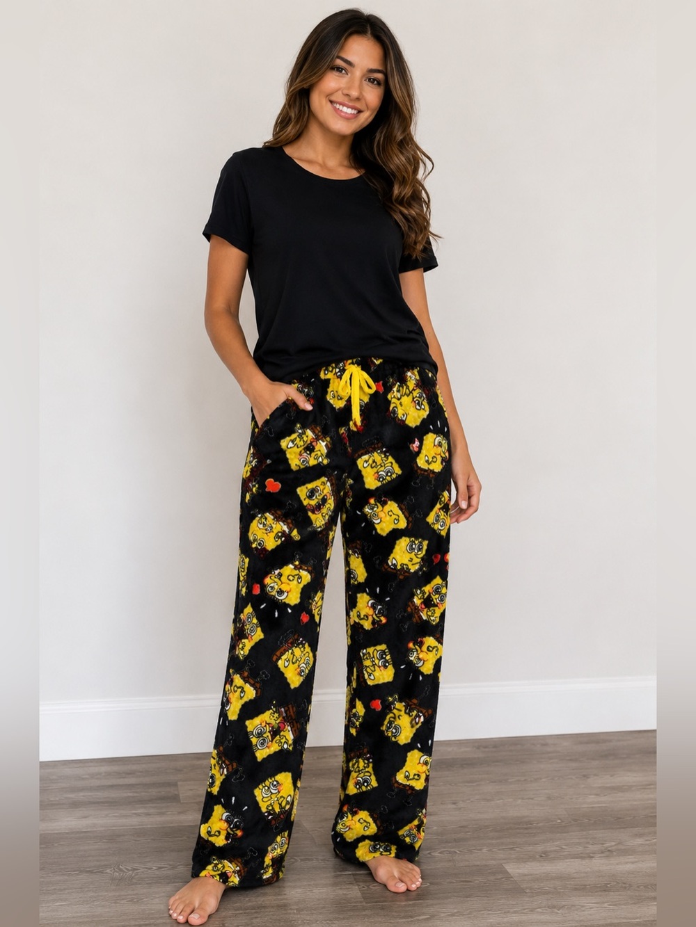 SpongeBob SquarePants Black Plush Fleece Pajama Pants Lounge Pants